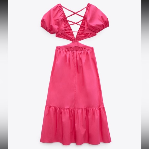 Zara cut out Barbie pink dress with braided straps poplin maxidress 2023 - Picture 7 of 13